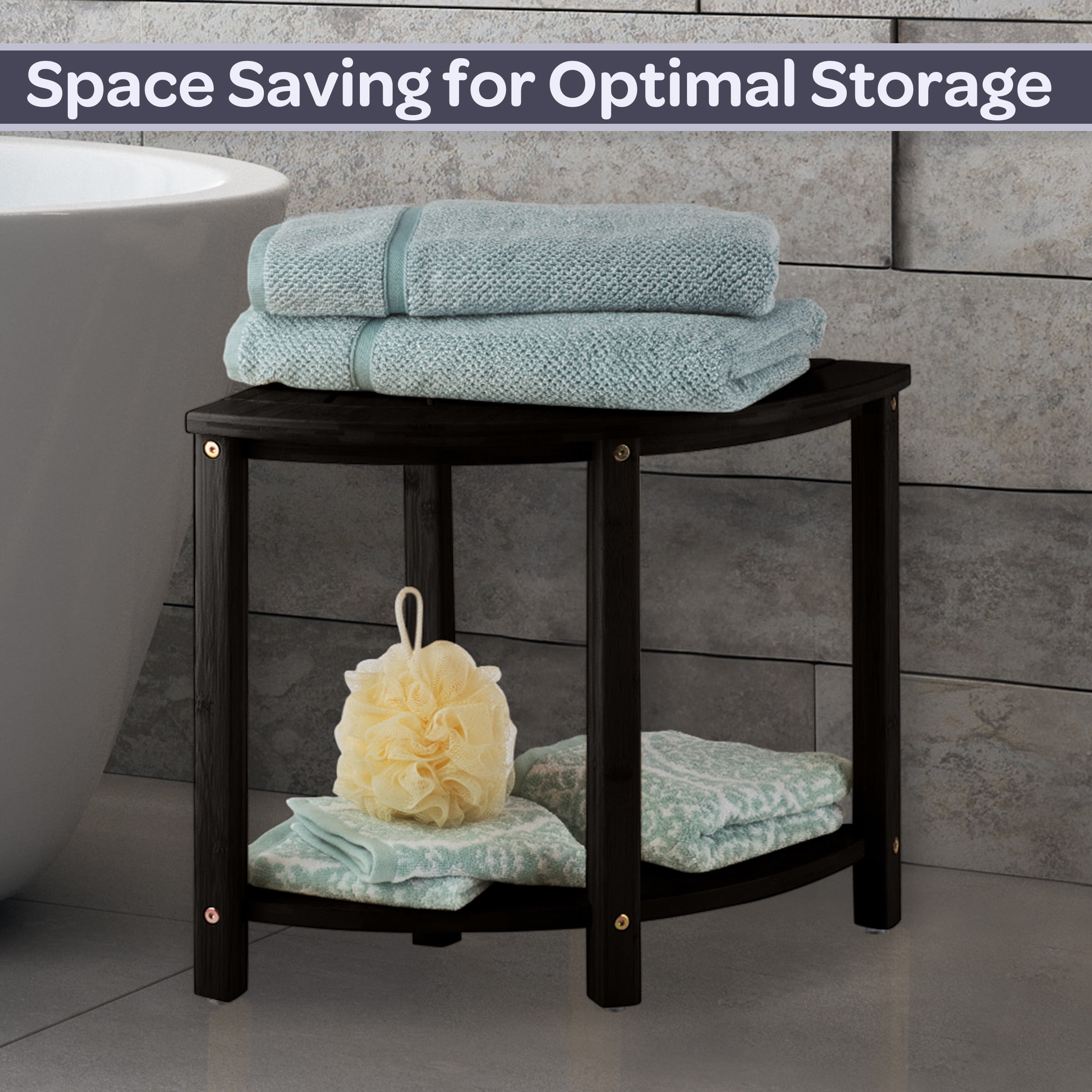 Lavish Home Corner Shower Bench, Black, Water Resistant, Bamboo Construction