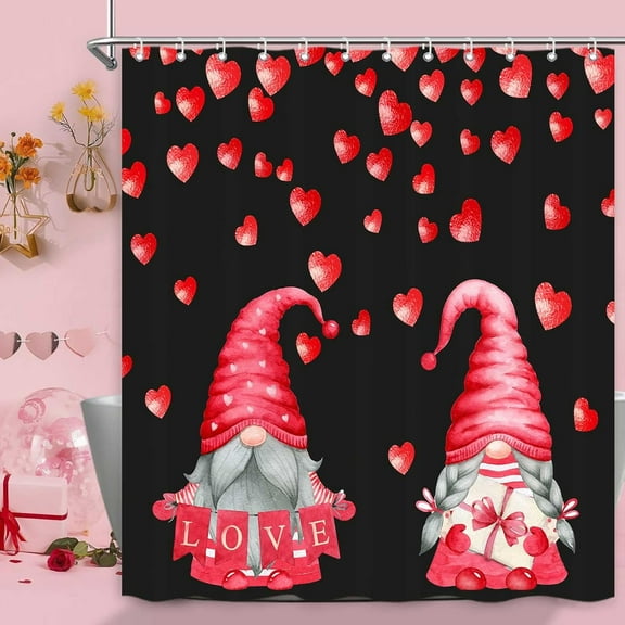 Valentines Day Gnome Shower Curtain, Romantic Red Hearts Bathroom Decor with Hooks Set, Red Black Bath Curtains Home Decor, 72 x 72 Inches
