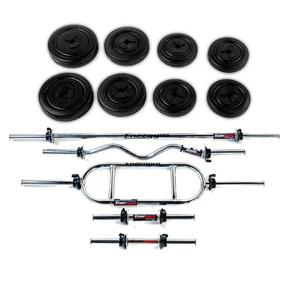 Kit de pesas Barra Recta, Barra Z, Barra Triceps, Mancuernas y Discos 28 Kg Energym 9031