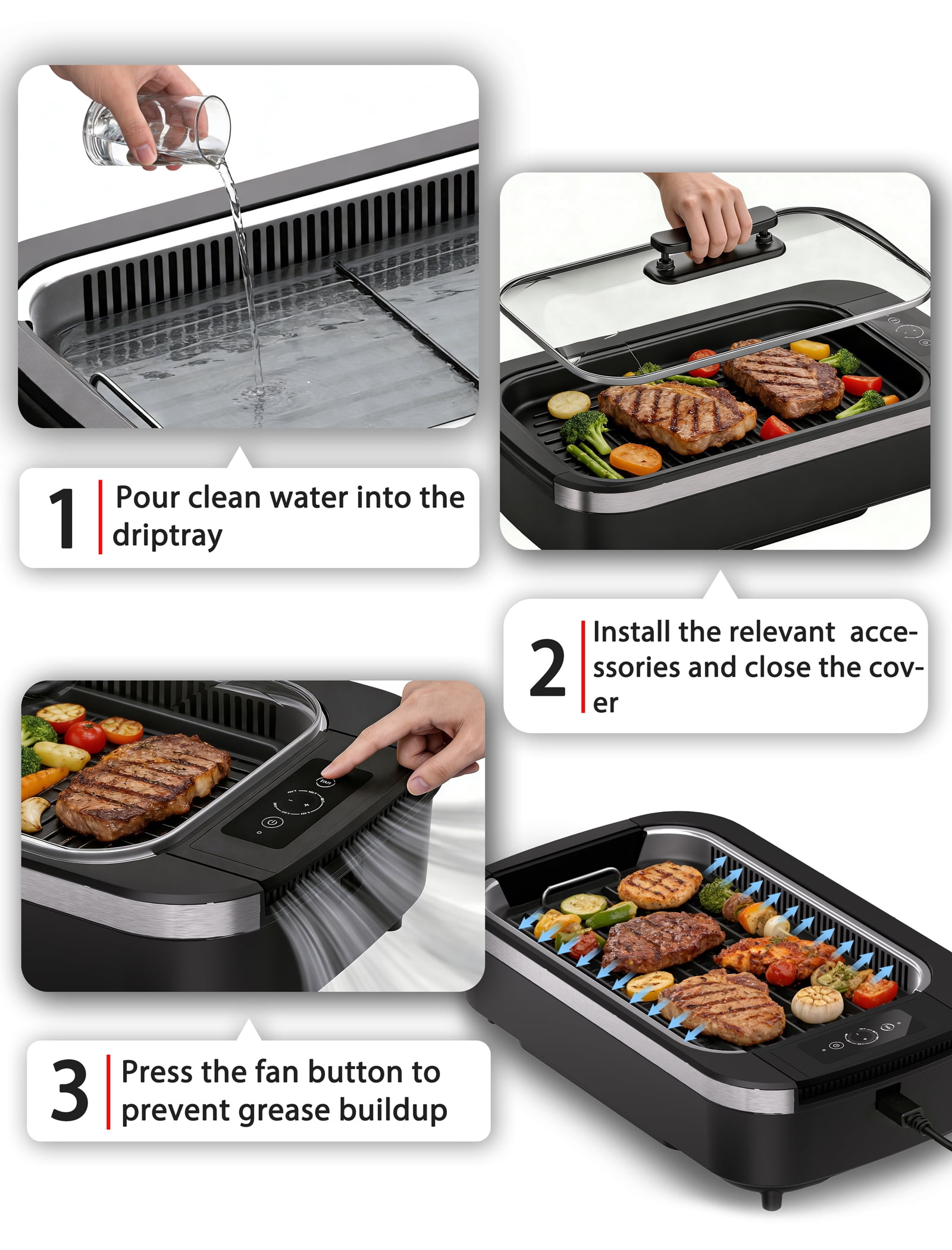 CRZOE Indoor Smokeless Electric Grill, 1500W Korean BBQ Grill with Drip Tray & Tempered Glass Lid, Compact Portable, NonStick, 6-Level Control, 90 Min Auto Timer, Dishwasher Safe, Black