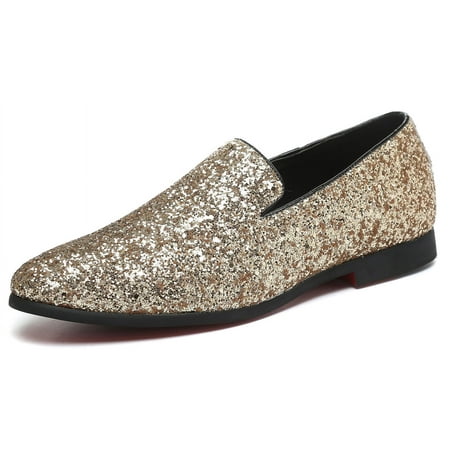 Santimon Mens Metallic Paillette Loafers Slip-on Glitter Moccasins Dress Shoes Leather Shoes Gold 12.5 US