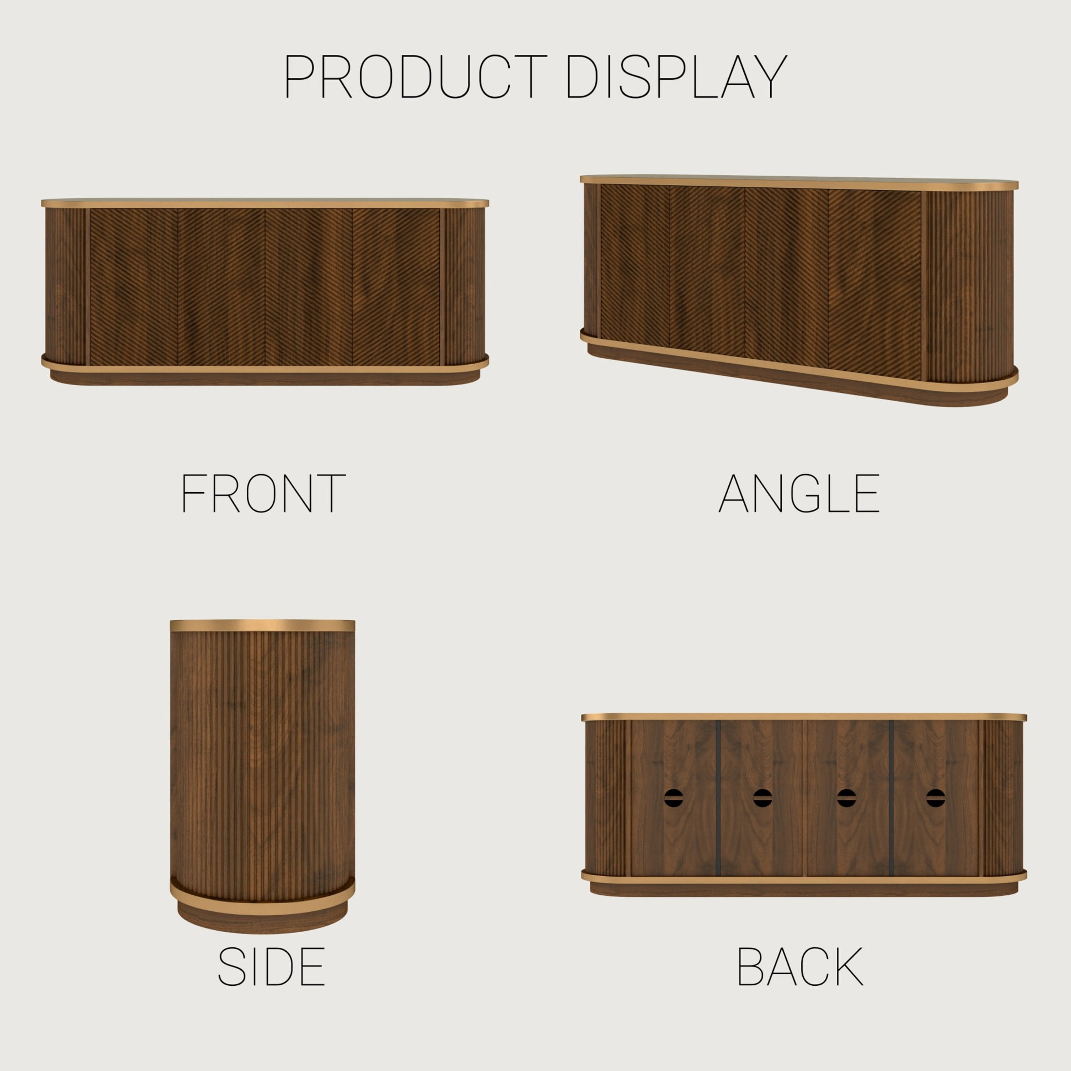Noble House Diagonal Fluted Sideboard Cabinet with Faux Travertine Top & Gold Trim, Buffet Credenza TV Stand, Walnut