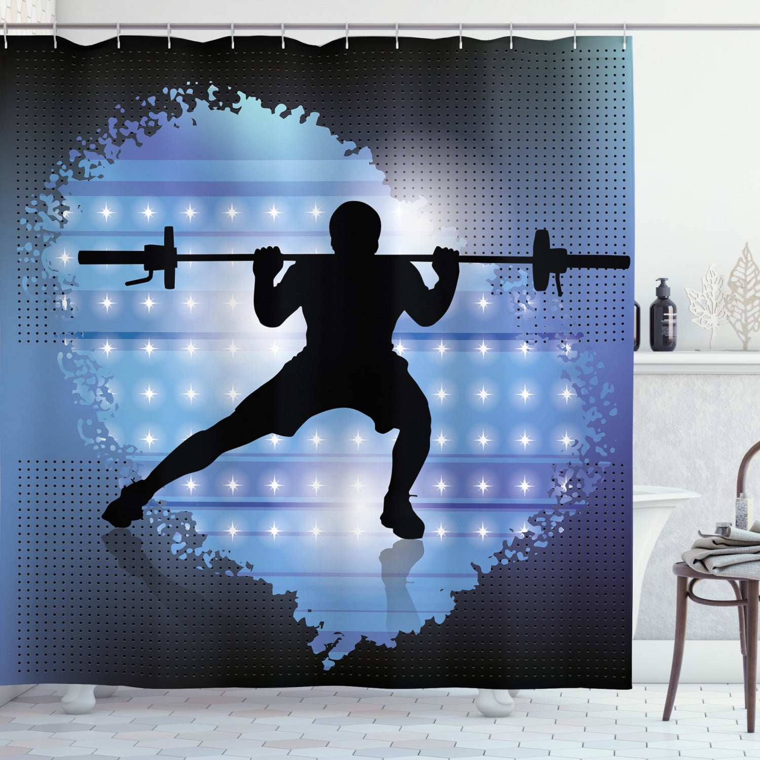 Fitness Shower Curtain, Silhouette of Weightlifter on Abstract Backdrop ...