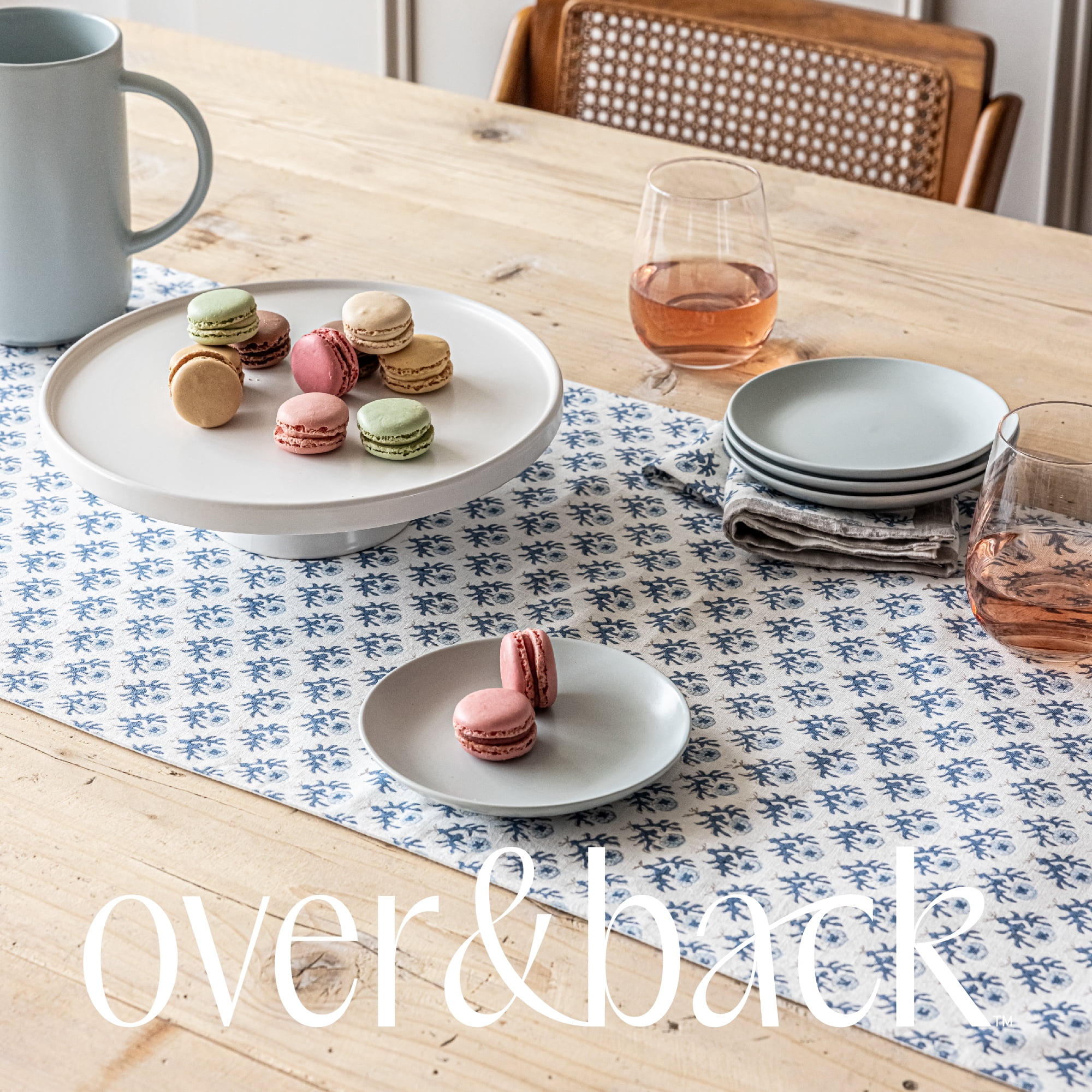 over&back 18x108 Hand-Blocked Printed Cotton Table Runner - Washable Table Runners for a Custom Home Decor Tablescape - Perfect for Coffee Table, Dinner Table, Living Room, and More - Blue Bloom
