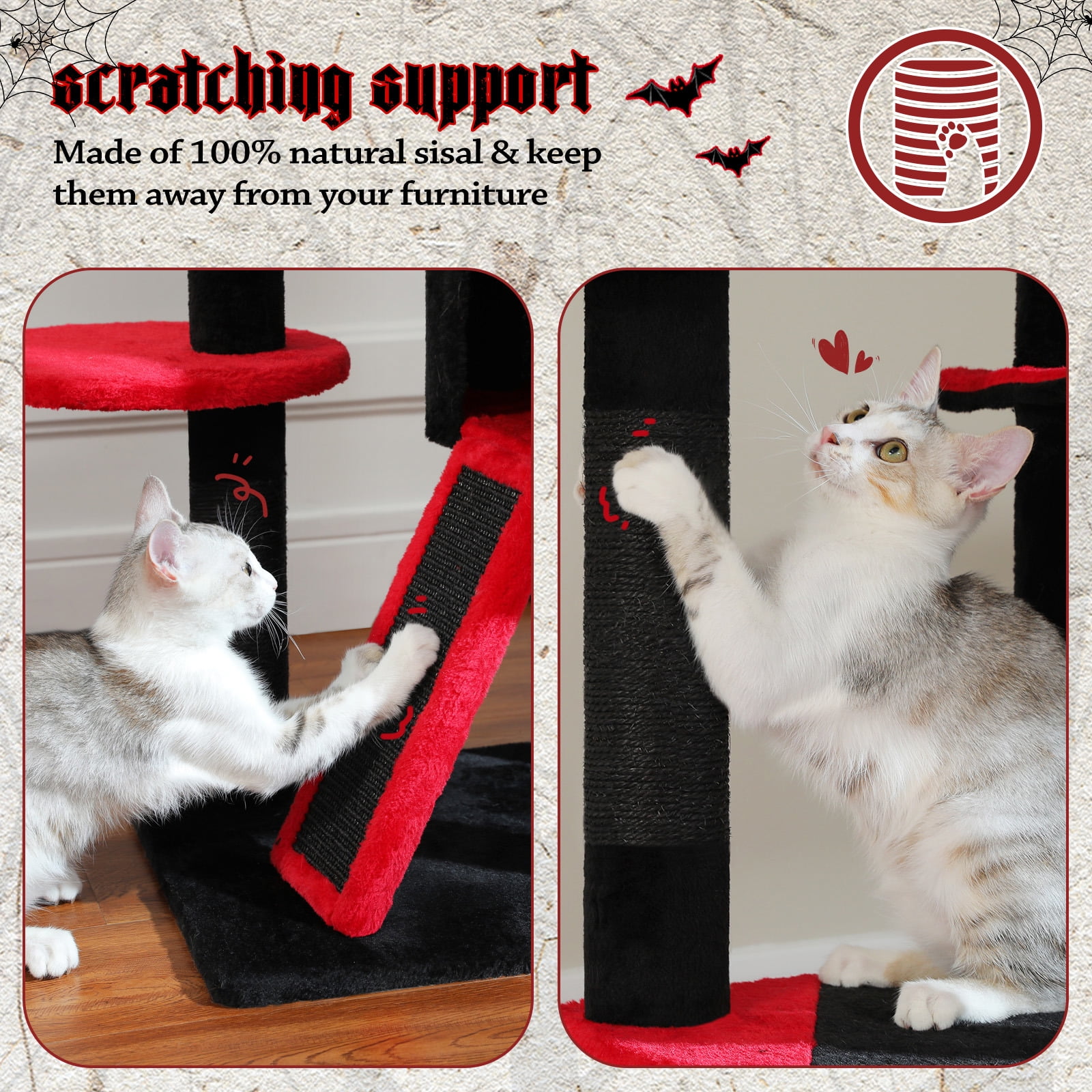 Kadyn Floor to Ceiling Cat Tree Tower Ajustable Height (90.5''~100.4'') 6 Tiers Cactus Cat Tree House with Cat Condo Hammock and Sisal Covered Post for Indoor Cats, Black