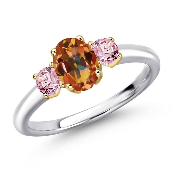 Gem Stone King 925 Silver and 10K Yellow Gold Ecstasy Mystic Topaz and Pink Lab Grown Diamond Engagement Ring for Women | 1.36 Cttw | Oval 7X5MM | Gemstone November Birthstone | Size 7