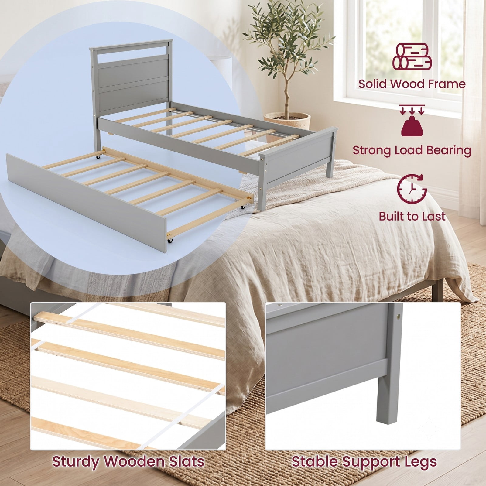 Furnibear Twin Bed Frame with Trundle, Wooden Platform Bed with Roll-Out Trundle and Plank Headboard, No Box Spring Needed, Gray