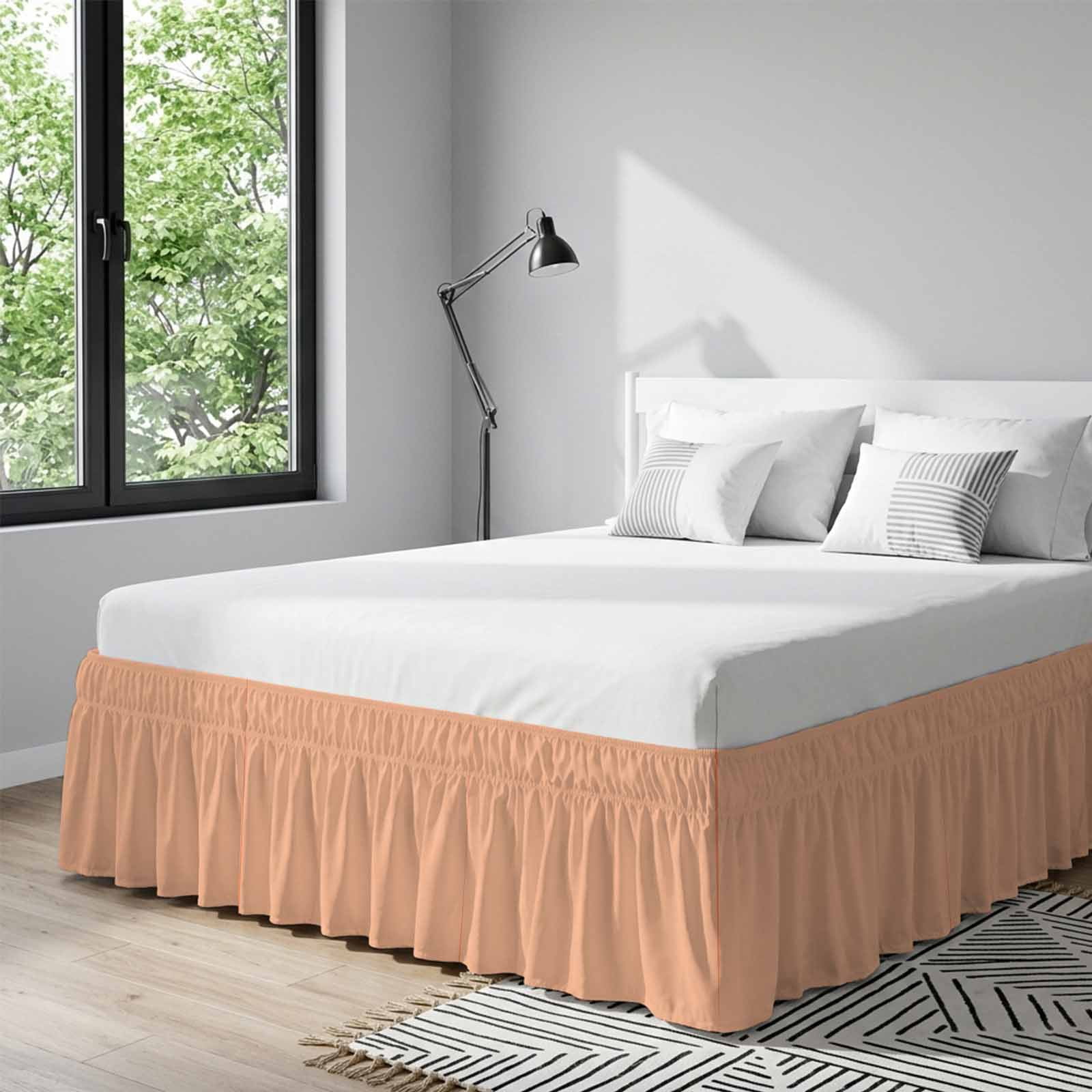 Bed Skirt Peach Fuzz Adjustable Elastic Wrap-Around Dust Ruffle with Coral 16 Inch Drop, Bed Frame Cover for Queen Size Bed