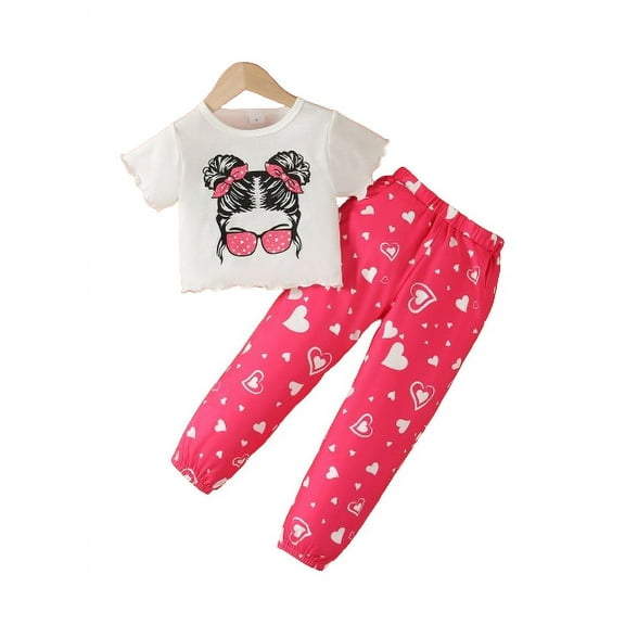 Kid Girls' Valentine's Day Pants Sets Anime Girls Print Pagoda Sleeve Tops Elastic Heart Print Trousers 2Pcs Clothing From 4Y-7T White