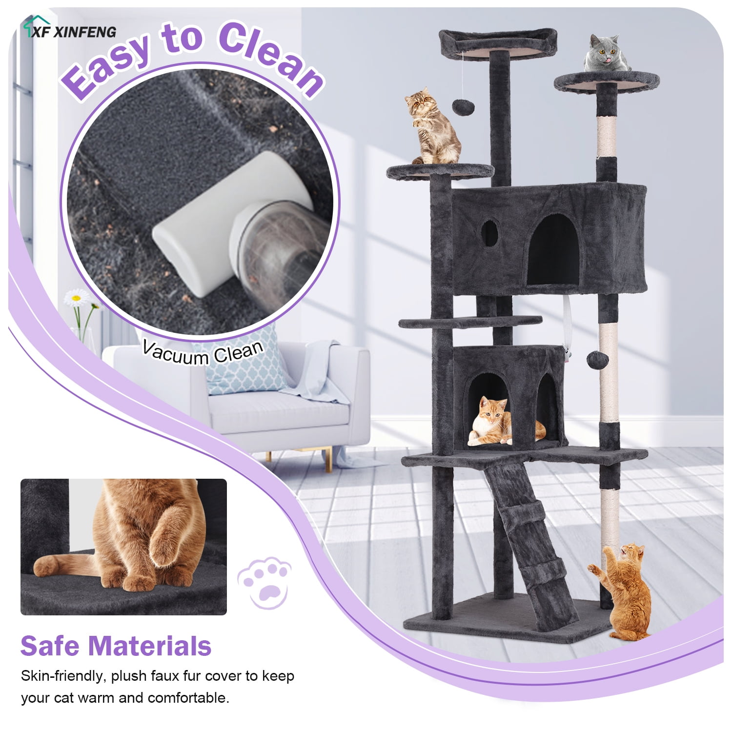 XF XINFENG 70" Cat Tree Tower Playhouse for Indoor Cats with Scratching Posts, Multi-Level Pet Cozy Condo Furniture, Ashy