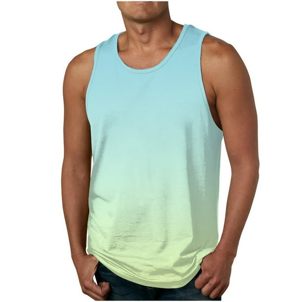 Mens Camisetas Algodón Gradiente Color Impreso sin Mangas Cuello Redondo Tanque, Chaleco Casual para Al Aire Libre Y Verano