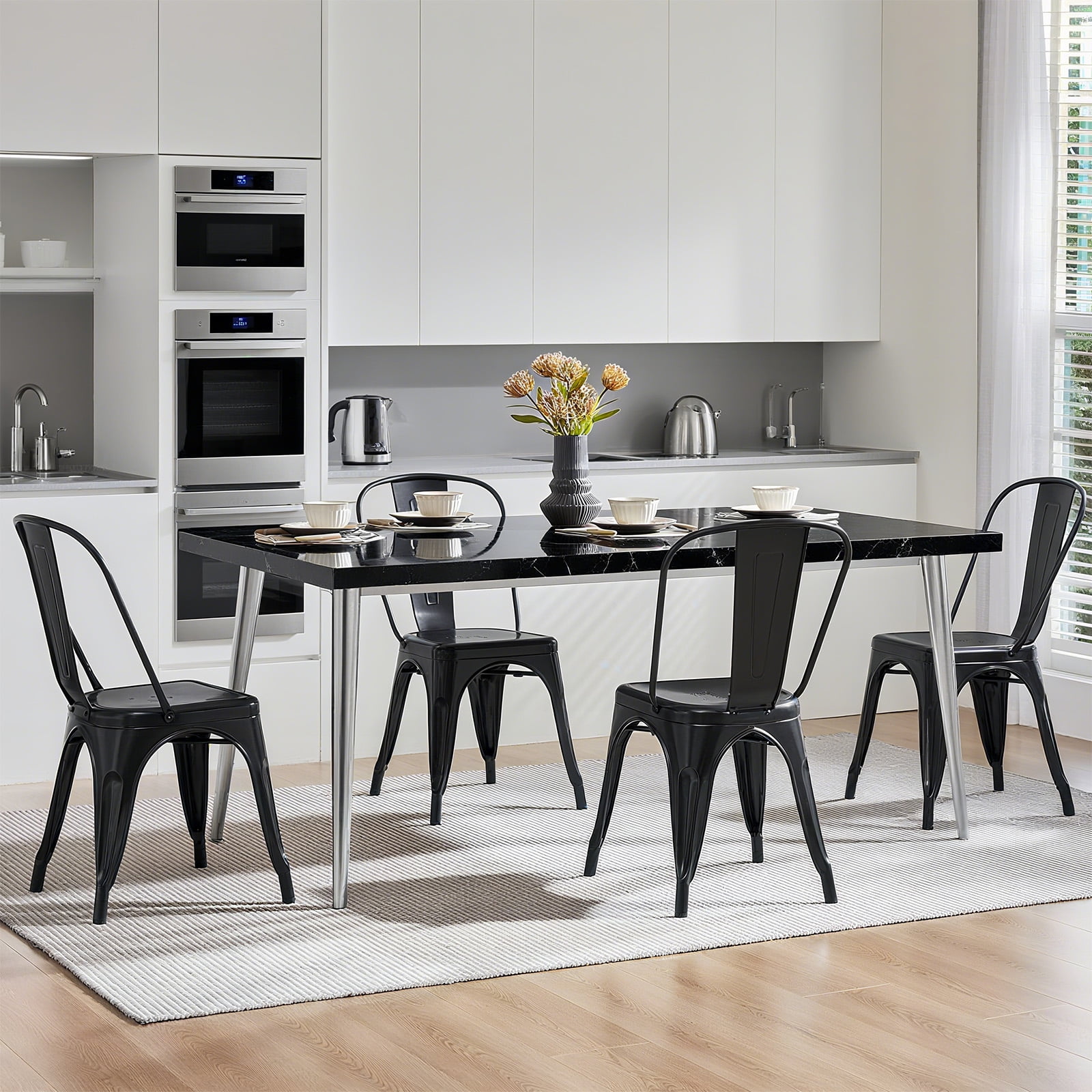 edx Metal Dining Chairs Set of 4, 18" Stackable Indoor Industrial Vintage Chairs, Black