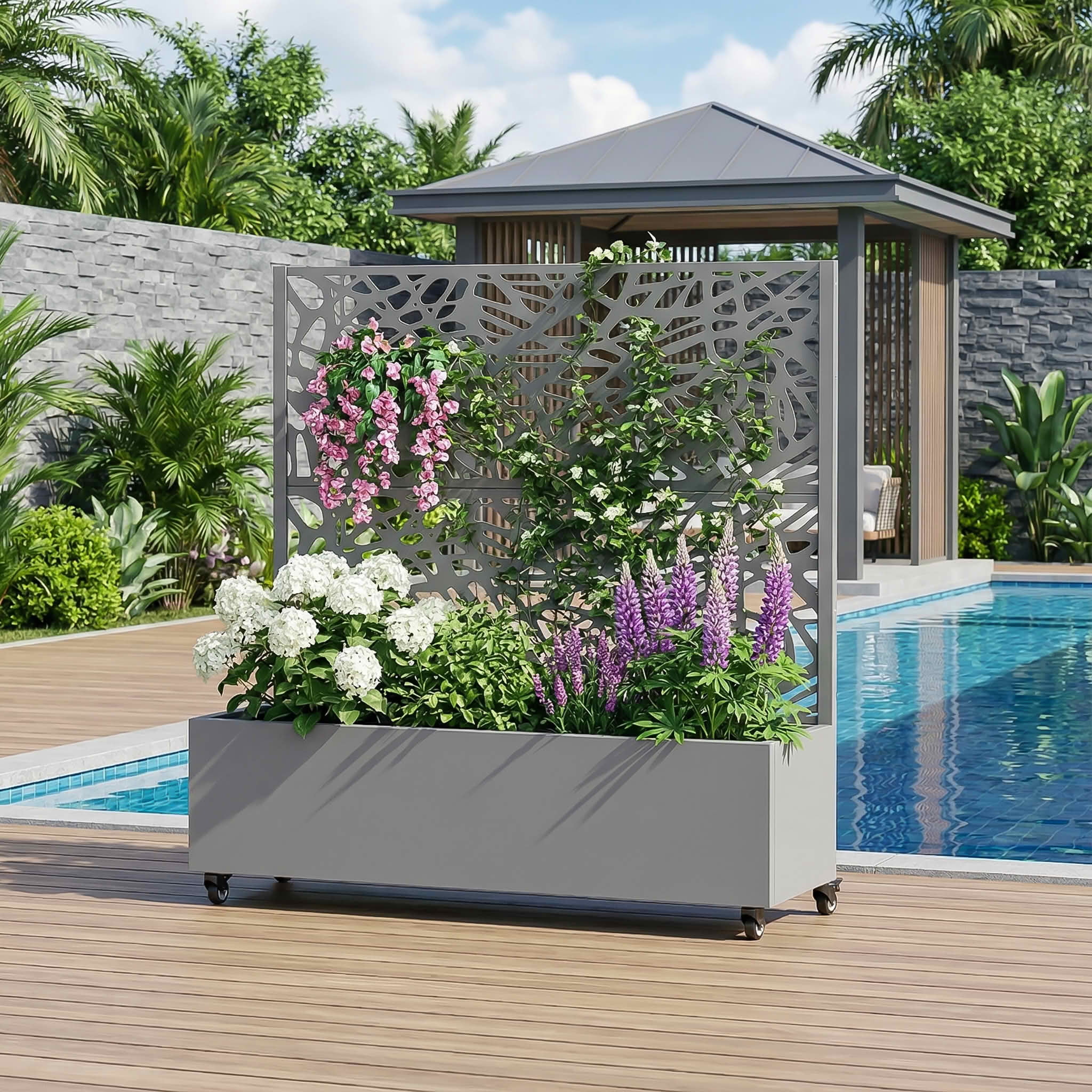 MAYEERTY 47X47" Metal Outdoor Gray Privacy Screen with Planter Box for Backyard & Garden, 2 Piece Set