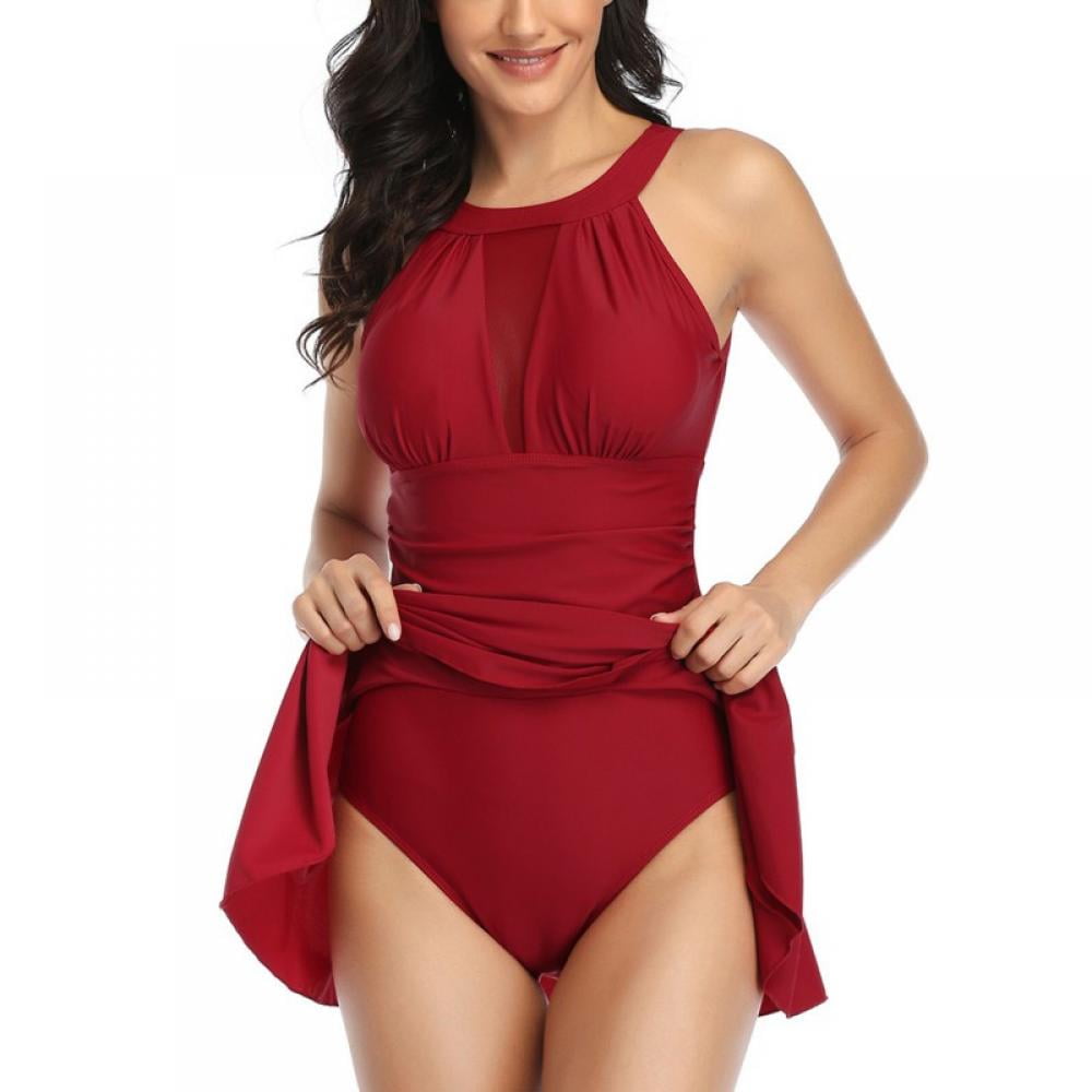 Women's One Piece Swimdress Tummy Control High V Neck Mesh Ruched Swimsuits Nice Plus Size