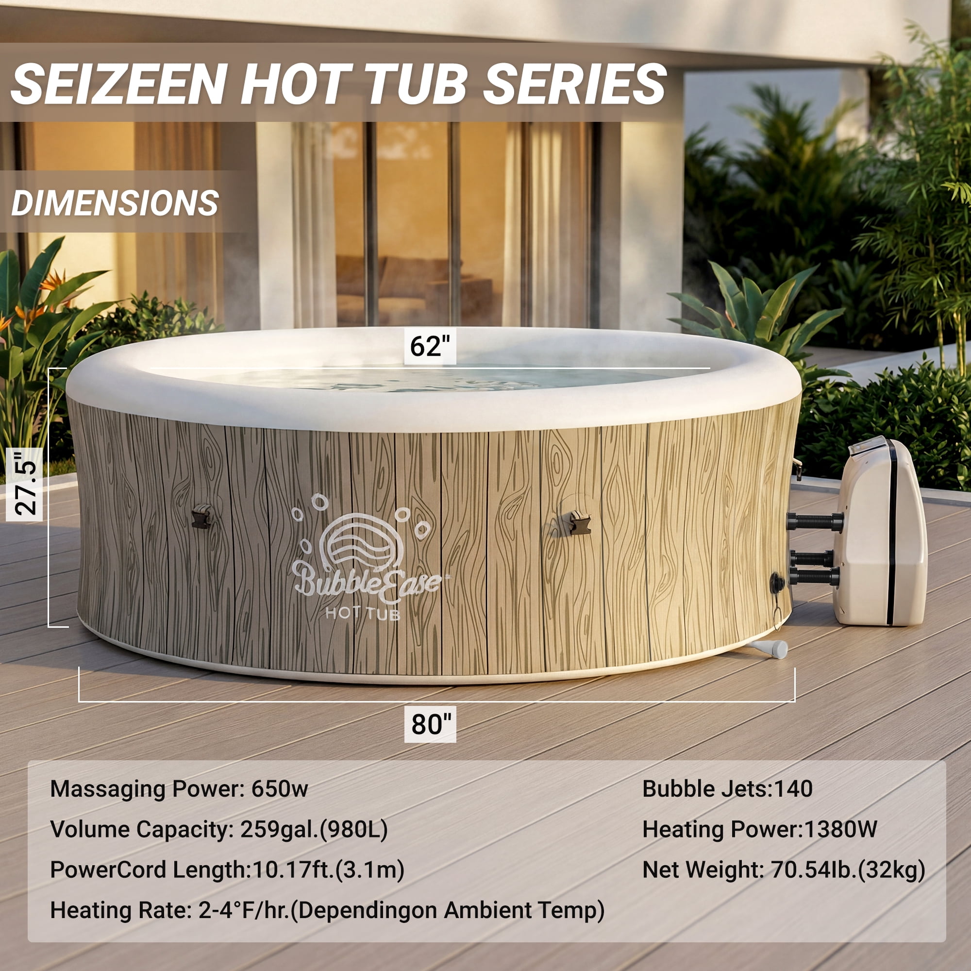 Seizeen Inflatable Hot Tub for 6-8 Person, Outdoor Blow Up Hot Tub 80'' Round Wood Grain, Multifunctional Portable Home SPA with 140 Bubble Jets, Heating & Filtration System, Cover