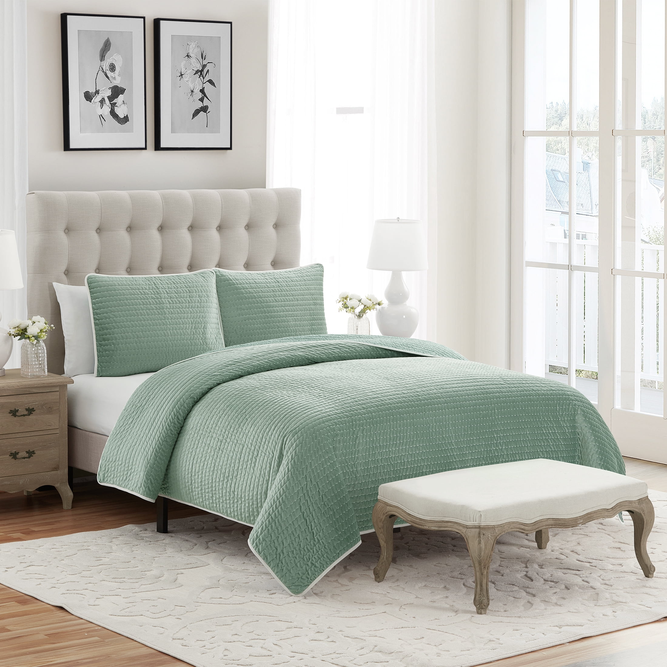 My Texas House Quinn Iceberg Green Pick Stitch Stripe Velvet 3-Piece Quilt Set, King