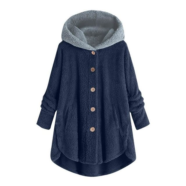 Womens Cardigan Plus Size Button Plush Tops Hooded Loose Cardigan Wool Coat Winter Jacket Navy Xl