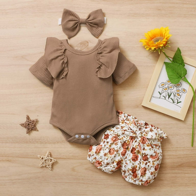WREESH Infant Toddler Baby Girl Floral Print Matching Outfits Short Sleeve Babysuit Floral Shorts Bow Headband Sister Baby Clothes Coffee