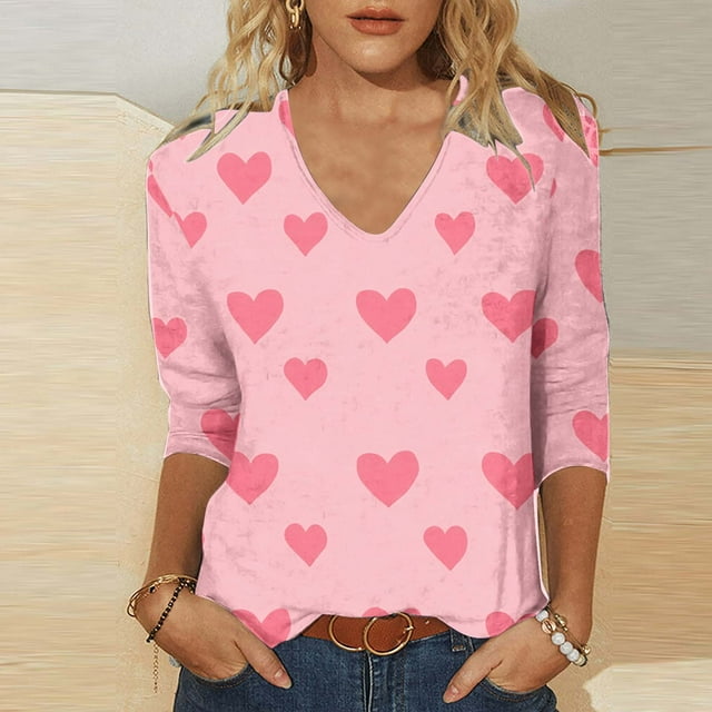 TaTaai Women's Valentine's Day Print Pullover T-Shirt V-Neck 3/4 Sleeve Loose Fit Casual Romantic Top Holiday Festival Blouse Gift