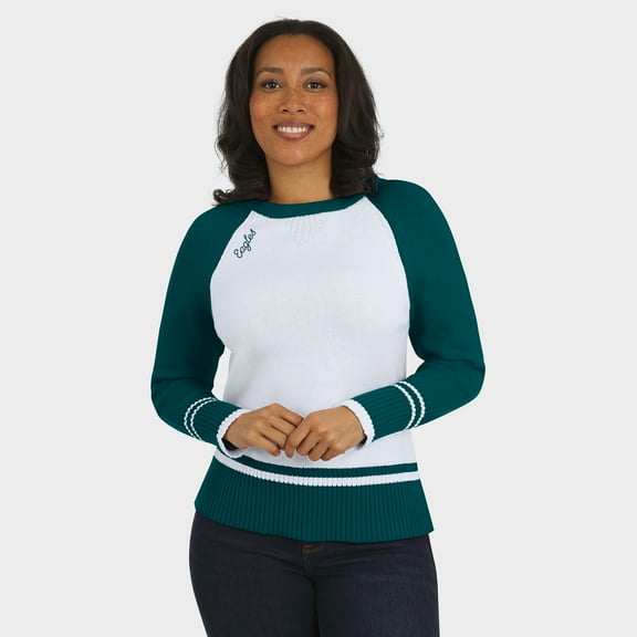 Women's WEAR by Erin Andrews White/Midnight Green Philadelphia Eagles Colorblock Raglan Sweater