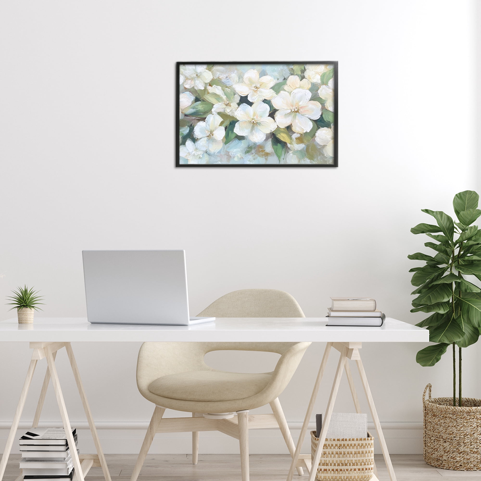 Stupell Industries Painted White Flowers in Leaves Black Framed Giclee Art, design by Petal Prints Design
