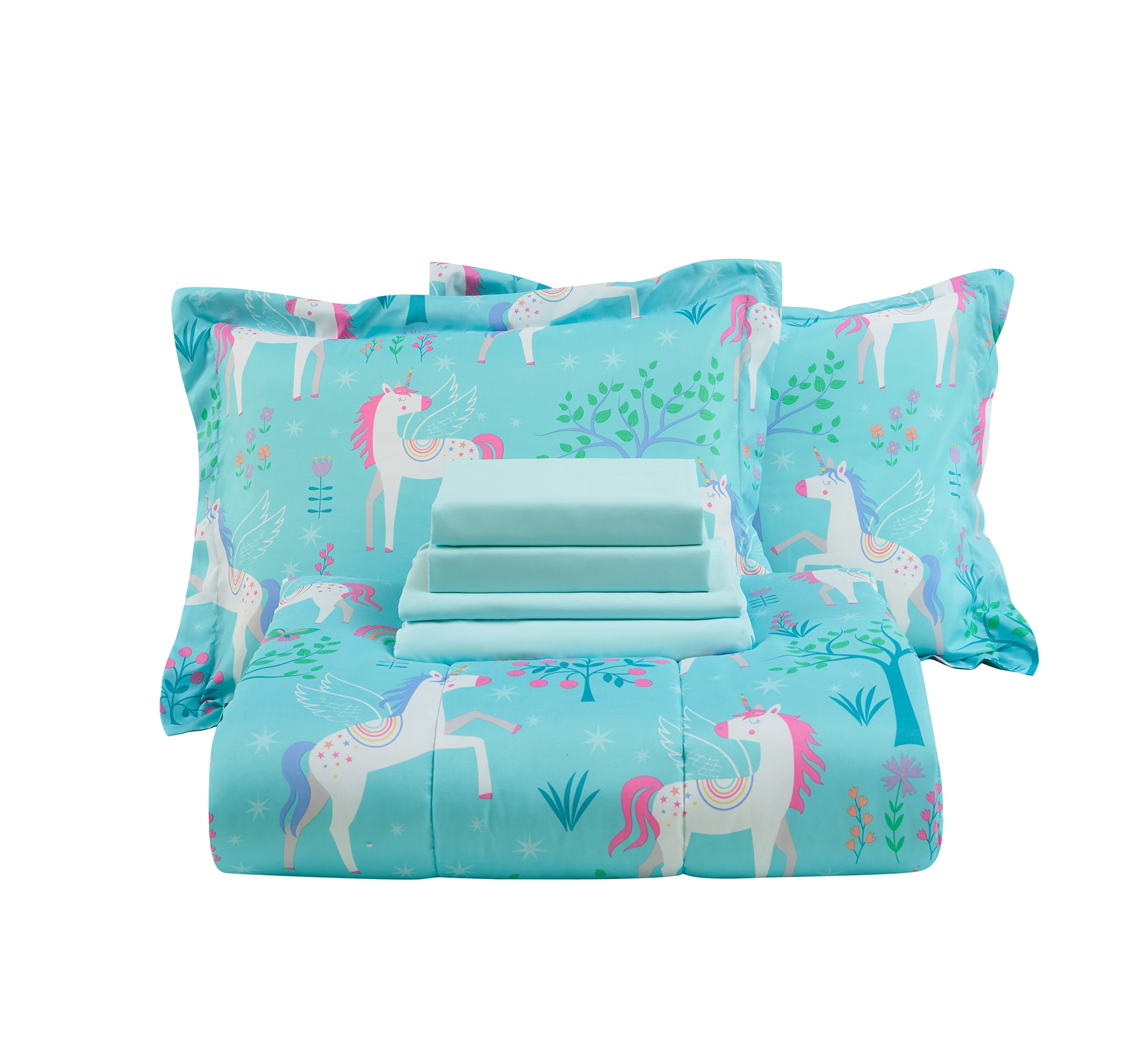 Your Zone 7 Piece Teal Unicorn Grove Polyester Bedding Set for Girls, Full