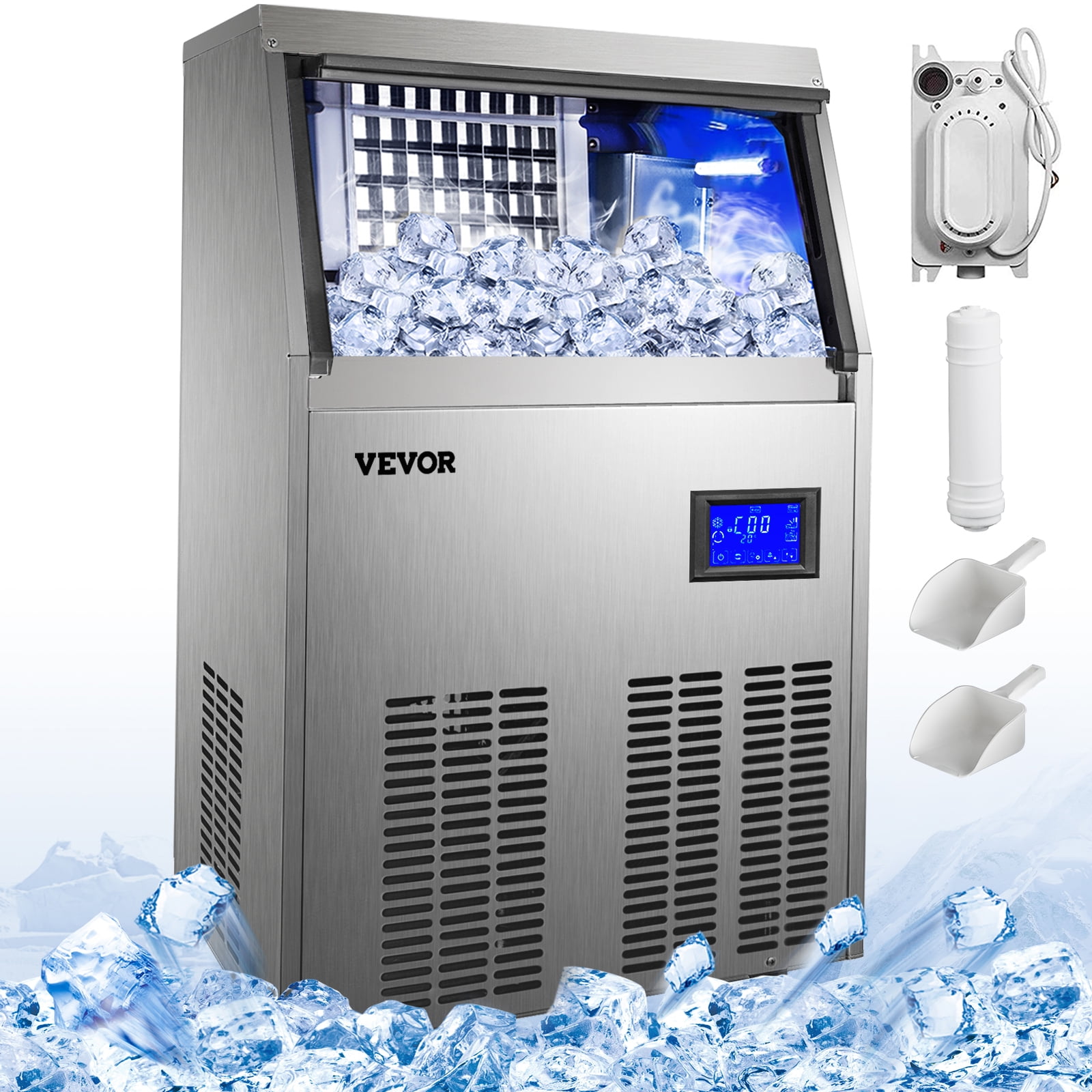 BuoQua 220V Commercial Ice Maker Stainless Steel Ice Cube Maker Machine 35KG 75LBS Countertop Ice Maker with Cool Water Dispenser Hospitals Office Space Saver 