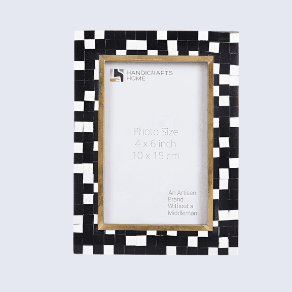 Handicrafts Home Halo Mosaic 4x6 Picture Frame – Handmade Black & White Brass & Resin Inlay Frame, Rustic Farmhouse Style for Photos & Vintage Gifts