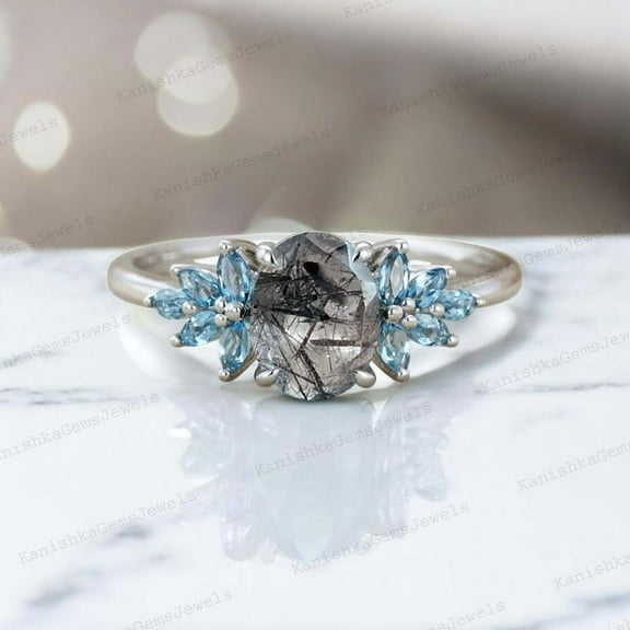 KANISHKAGEMS&JEWELS 8x6MM / 1.5Ct Rutile Quartz Wedding Ring Aquamarine Proposal Ring Cluster Alternative Fine Jewelry Birthday Gift For Wife