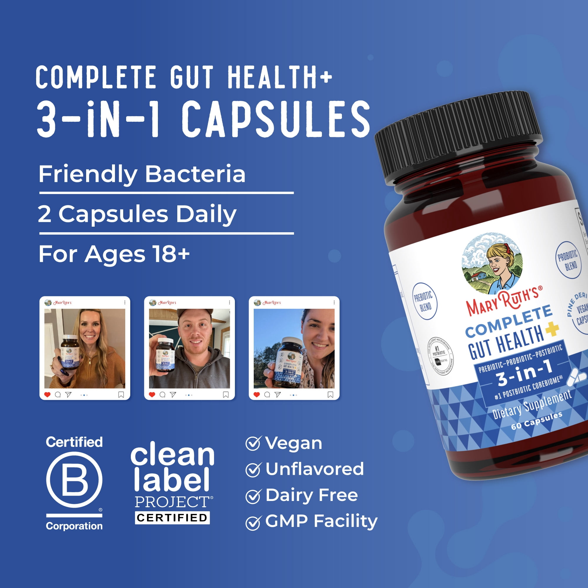 MaryRuth's 3-in-1 Complete Gut Health SCFA Butyrate Capsules Vegan Dairy-Free for Digestive Health, Unisex, Adults Ages 18+, 60 Count