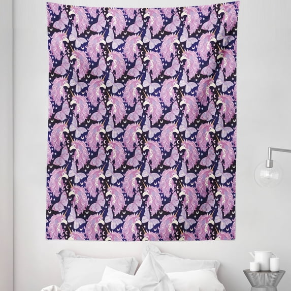 Unicorn Tapestry, Mythical Animal with Colorful Mane Butterflies Stars Crescent Moons Fantasy World, Fabric Wall Hanging Decor for Bedroom Living Room Dorm, 5 Sizes, Multicolor, by Ambesonne