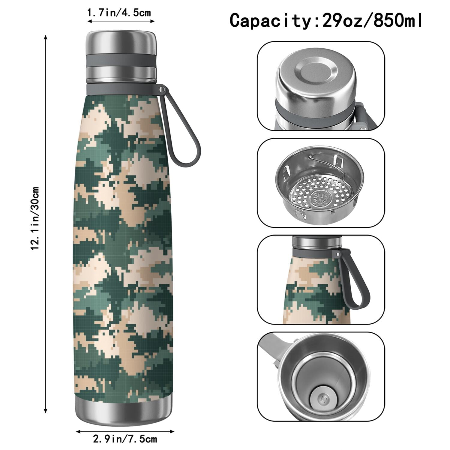 29oz Insulated Water Bottle with Tea Infuser, Stainless Steel Travel Mug, Camouflage Print