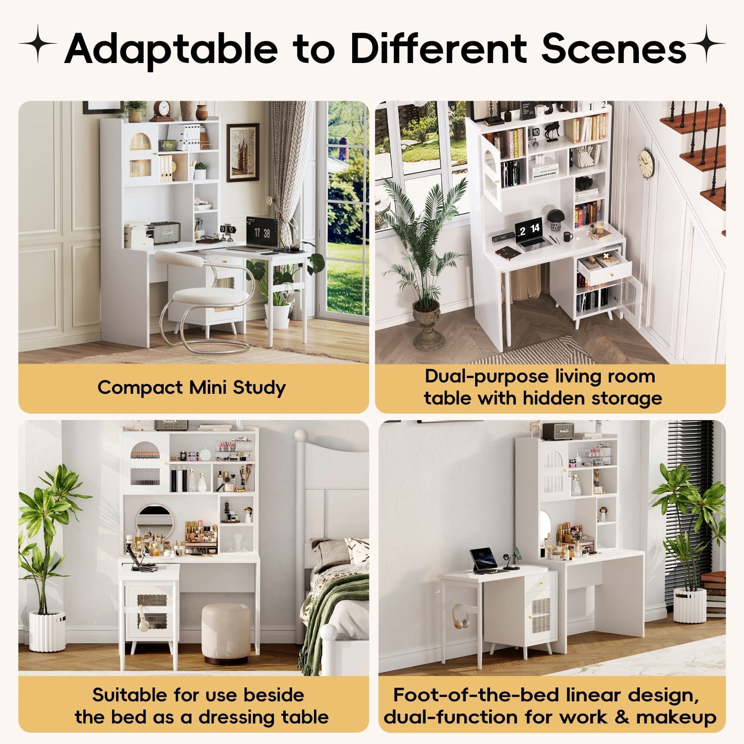 Computer Desk with 90° Rotating Desktop, 43" Writing Desk with Storage Drawer, 2 Glass Door Cabinets & Shelves, Space Saving Gaming Desk, Home Office Study Workstation for Bedroom, White