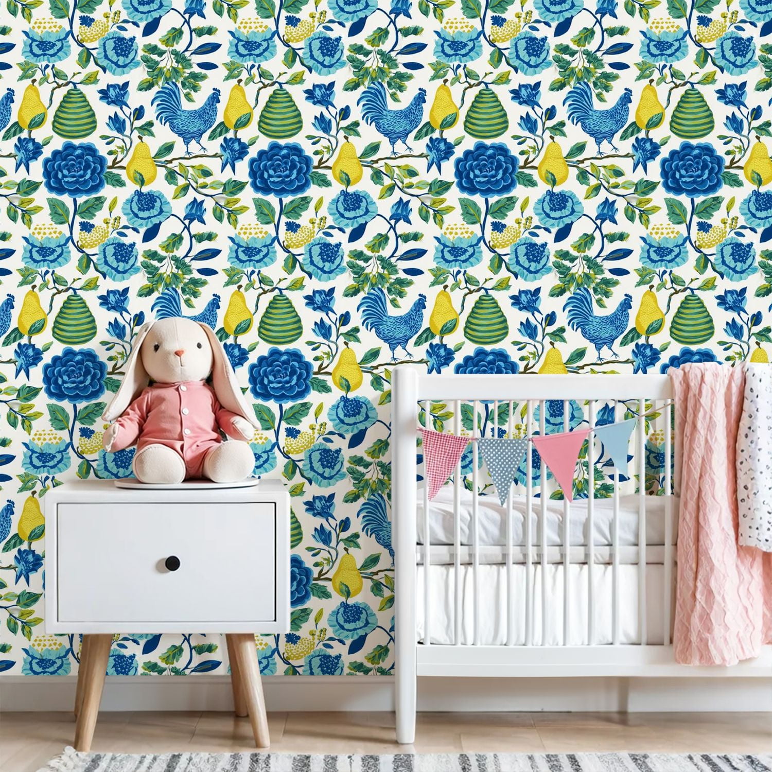 Farmhouse Peel and Stick Wallpaper 23.6in x 9.8ft Blue Yellow Floral Chicken Pears Flowers Contact Paper Vinyl Self-Adhesive Removable Wall Paper for Bedroom Kitchen Cabinet Renter Friendly