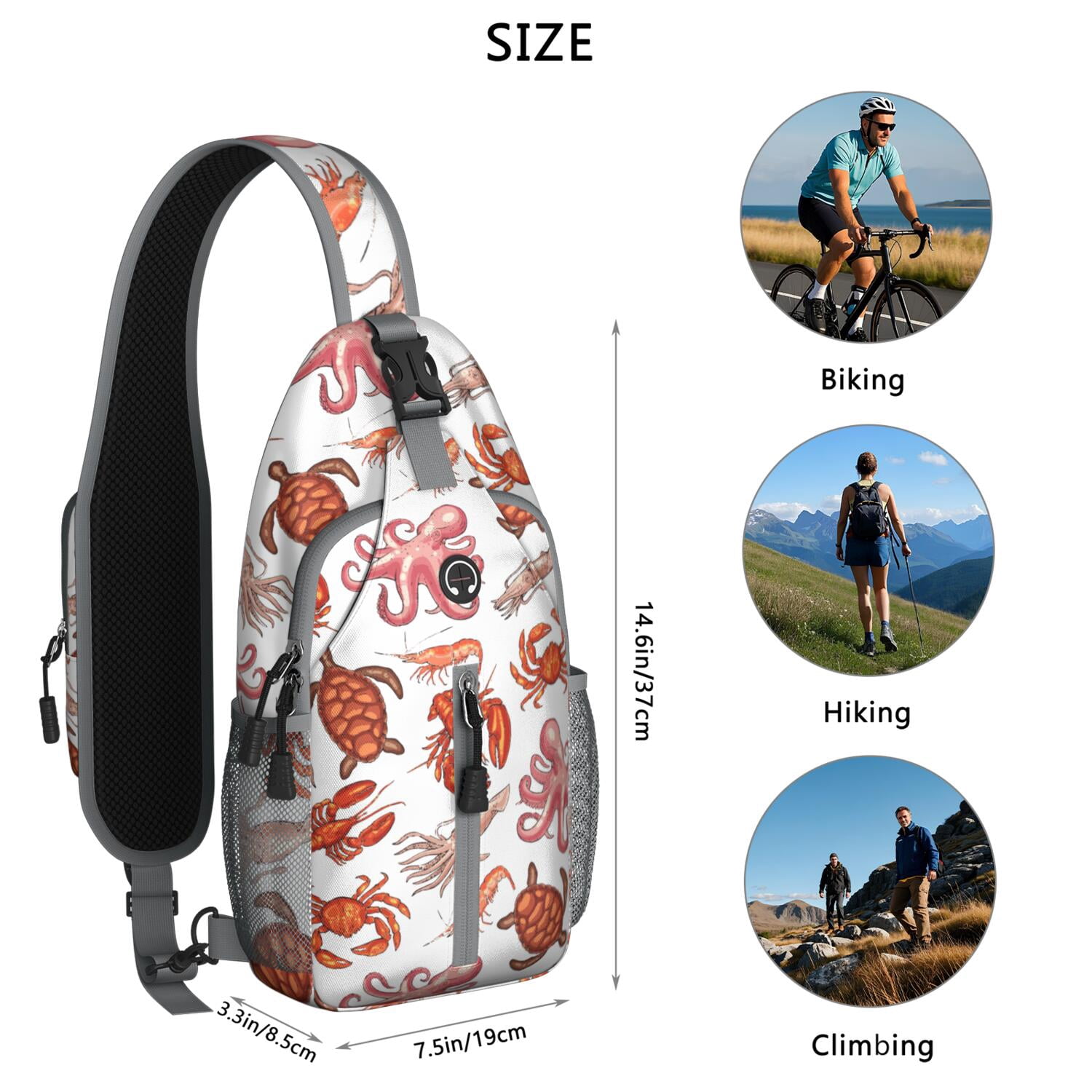 Crossbody Sling Backpack for Women Men Crab Shrimp Octopus Llobster Sea and Turtle Shoulder Sling Crossbody Casual Chest Bag for Travel Sports Running Hiking