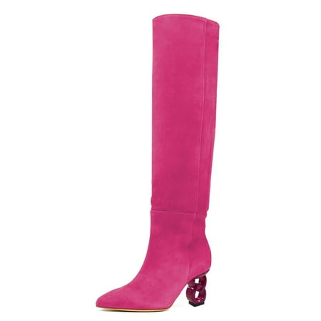 FSJ Women Trendy Pointed Toe Medium Chain Heel Knee High Boots Stretch Side Zipper Evening Work Outfit Shoes Size 13 Pink