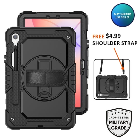 For Samsung Galaxy Tab S10 Lite/S10 FE AMZER Multilayer Case with 360 Degree Rotating 10.9 inch, 360 Hand Strap, Shoulder Strap, Kickstand, Rugged Drop Protection, Black