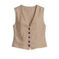 thumbnail image 4 of Arlun Women's Summer 2 Piece Outfits Dressy Button down V-Neck Sleeveless Vest Top and Loose Shorts with Pockets Simple Solid Color Work and Leisure Matching Sets 2026 Khaki S, 4 of 7