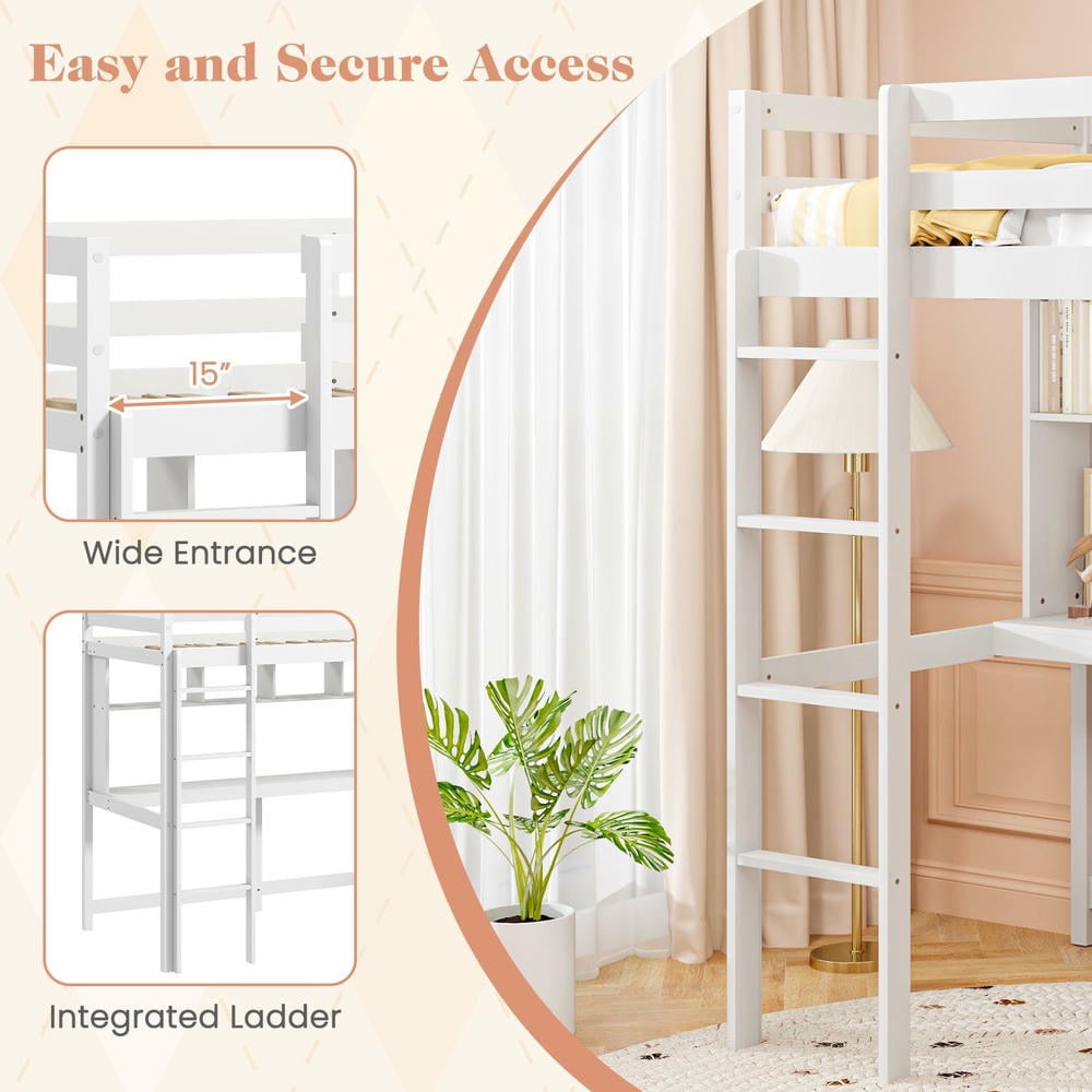 Barara King Twin Size Bedroom Bed Frame with Desk and Shelves, Bed Platform Frame for Home Dorm, Apartment, No Box Spring Needed, White
