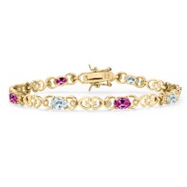 18K Yellow Gold Plated Silver Sky Blue Aquamarine and Pink Created Sapphire and Lab Grown Diamond Bracelet for Women | 4.01 Cttw | Gemstone March Birthstone | Oval 6X4MM | Length 7.25 inches
