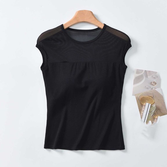 Qulqfy Tank Tops for Women with Built in Bra Crew Neck Sleeveless Casual Black Mesh Tunic Sheer Summer Tops L