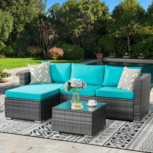 Walsunny 3 Piece Blue Outdoor Furniture Sectional Sofa Patio Set with