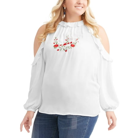 Juniors' Plus Ruffle Cold Shoulder Blouse With Embroidery