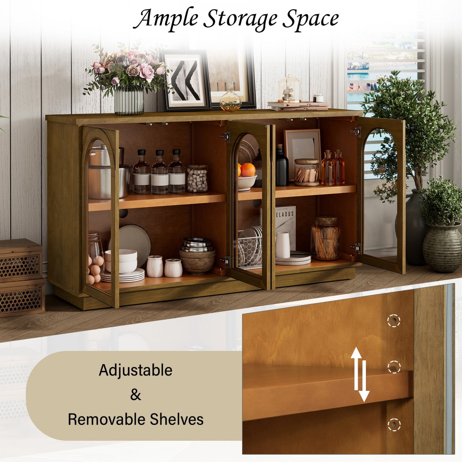 Modern 4-Door Buffet Cabinet with Arched Glass Doors, Adjustable Shelves Storage Sideboard for Kitchen Dining Room Living Room, Old Pine