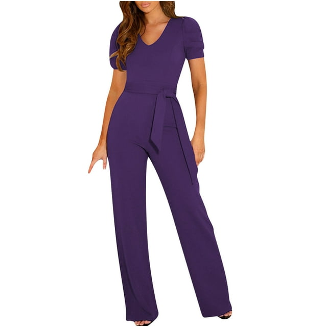 aidice One-Piece Jumpsuits for Women Office V Neck Short Sleeve Belt Ruched Straight Leg Pants Rompers