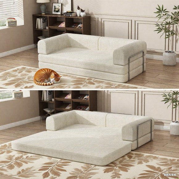 Canapé-lit Convertible 4-en-1 en Velours Côtelé, Canapé Matelas Pliant avec Cadre de Forme Fixe, Canapé de Sol Sans Assemblage pour Salon, Dortoir, Studio – Gris Foncé / Noir / Beige