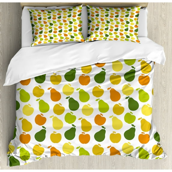 Fruits Duvet Cover Set Queen Size, Apple and Pears Food Botany Fresh Healthy Garden Yummy Theme, Decorative 3 Piece Bedding Set with 2 Pillow Shams, Earth Yellow Lime Hunter Green, by Ambesonne
