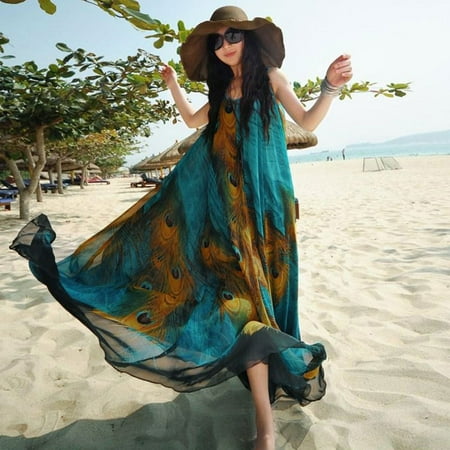 Chiffon Tunic Dress - Women Maxi Sleeveless Chiffon Dress Feather Print Sash Plus Size Casual Loose Swing Tunic Tank Beach Dress