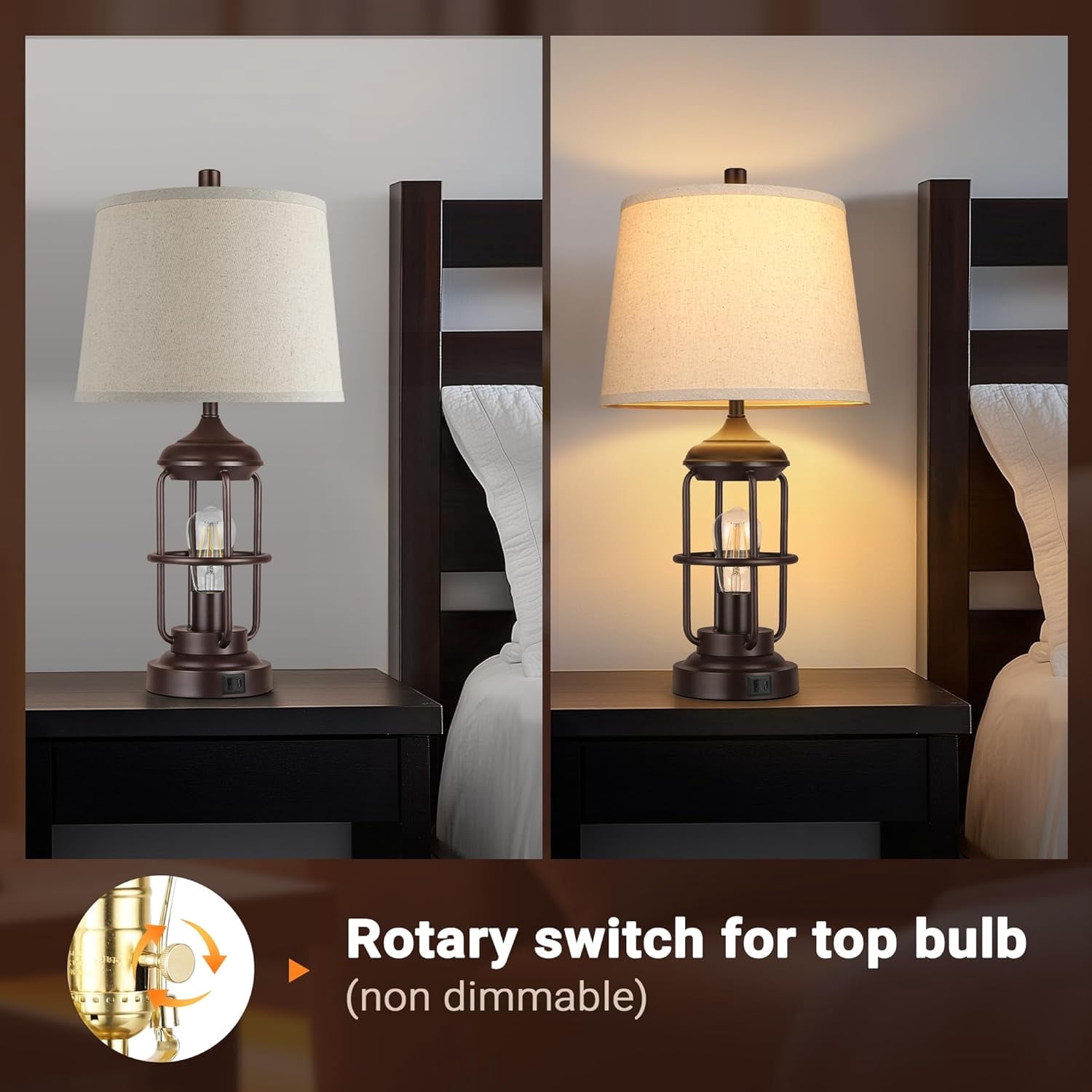 Newest Set of 2 Rustic Table Lamps with USB Ports, 3-Way Touch Control Dimmable Bedside Lamps with Dual Lighting, Farmhouse Nightstand Lamps with Included LED Bulbs