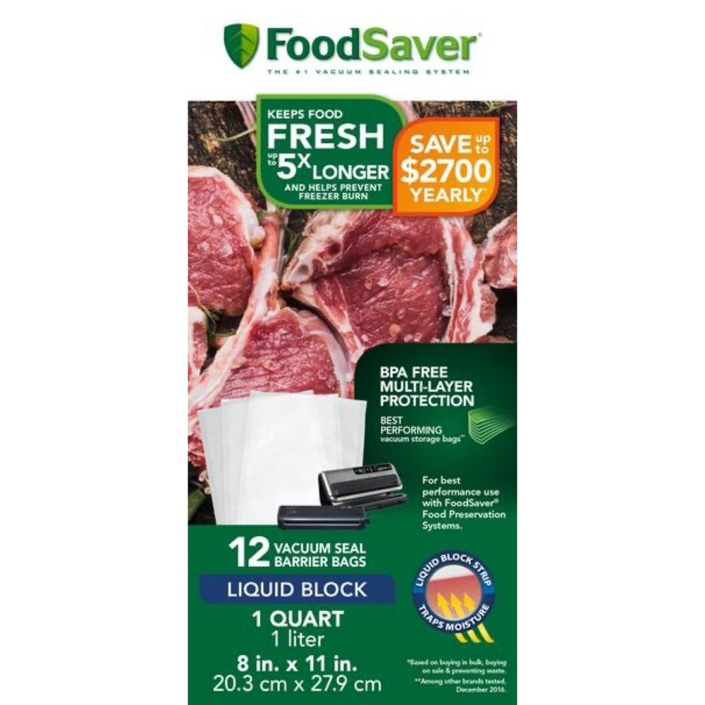 FoodSaver Quart Size Liquid Block Vacuum Heatseal Bags, 12 Count
